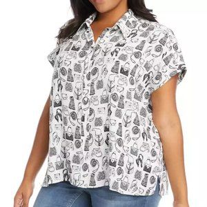 Karen Kane Fun Fresh Print Plus Size Extended Sleeve Button Up Shirt NWT size 0X